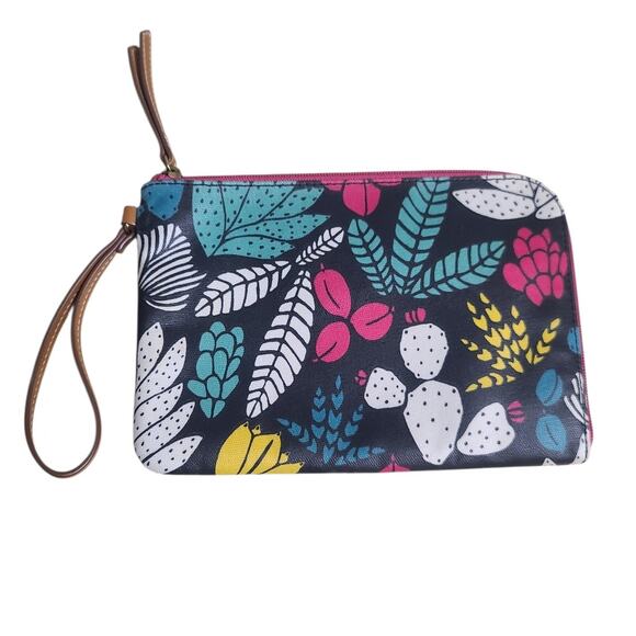 Fossil Eliza Waxed Canvas Wristlet Large Dark Floral GUC Zip Pocket - Picture 2 of 4